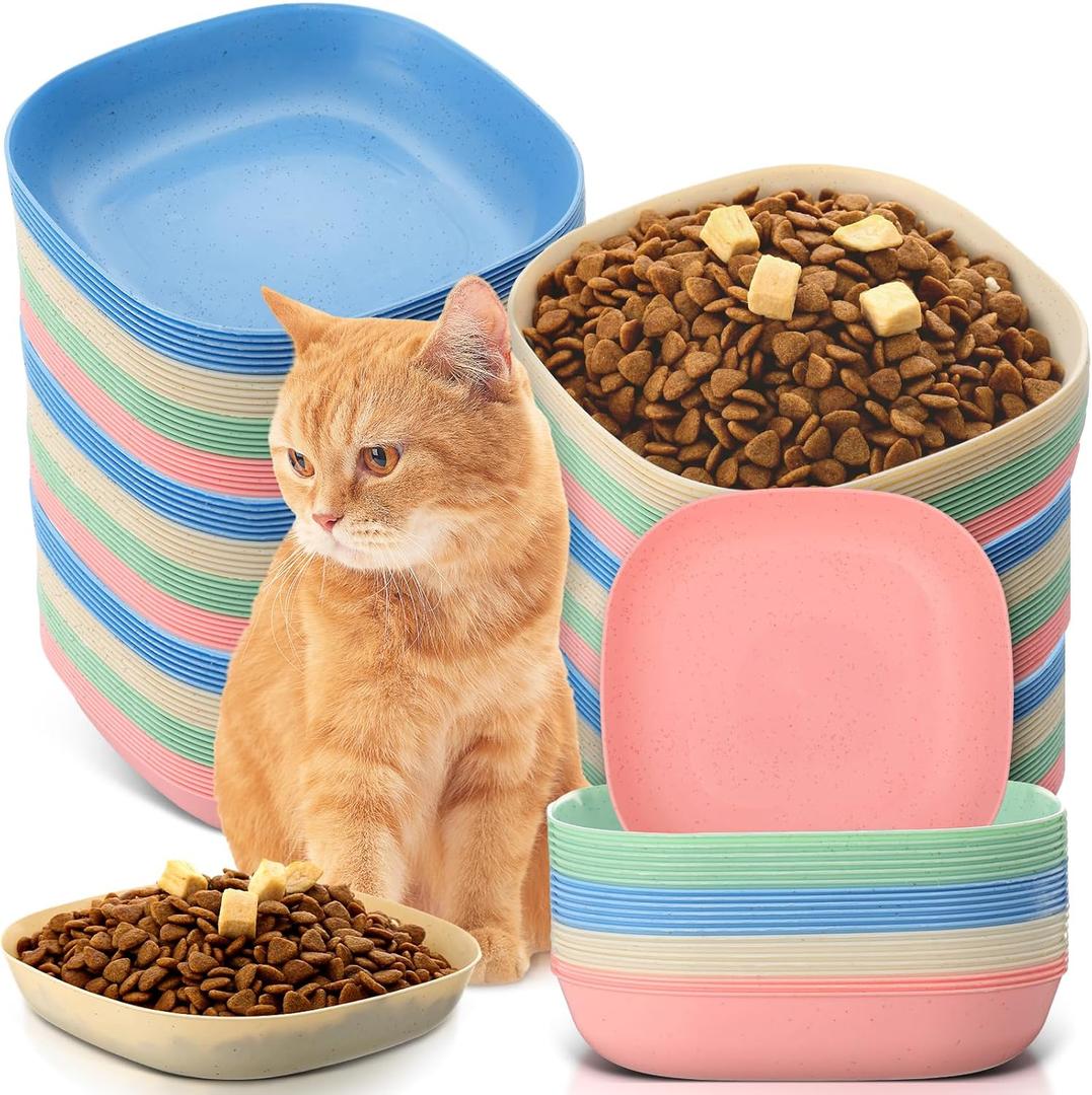 Tioncy 24 Pcs Fatigue Relief Cat Bowl 5.7 Inch Shallow Cat Food Dish Wide and Small Pet Wet Feeding Bowl for Kitten Short Legged Kitten Ferrets Feral Small Animals(Blue, Green, Pink, Beige, Classic)