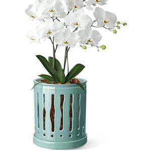 BUYMAX Ceramic Orchid Pot, 6 Inch Planter with Drainage Holes and Tray, Indoor Flower Pot for Repotting Orchids, Elegant Indigo Glaze