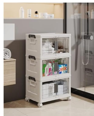 OlarHike 23QT Stackable Storage Bins with Lids - Folding Storage Box with Doors and Wheels, Collapsible Plastic Storage Bins for Closets, Storage Containers for Kitchen, 3 Pack Cubes, White