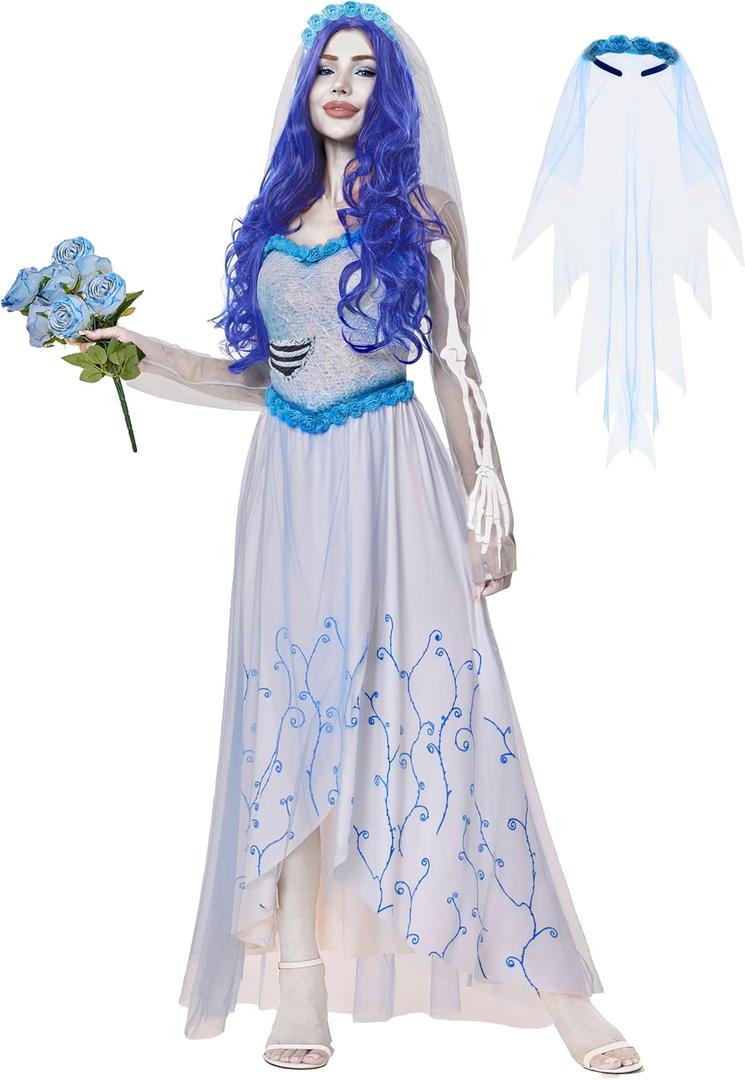 Funna Corpse Bride Costume Women Dress with Veil Halloween Cosplay, S