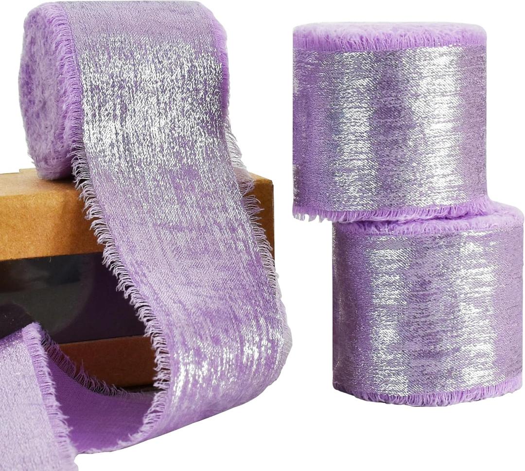 3 Rolls Light Purple Glitter Chiffon Ribbon, 1.5 Inch 15 Yards Silver Silk Frayed Ribbon for Flower Bouquet, Gift Wrapping, Wedding, Birthday Party Decor