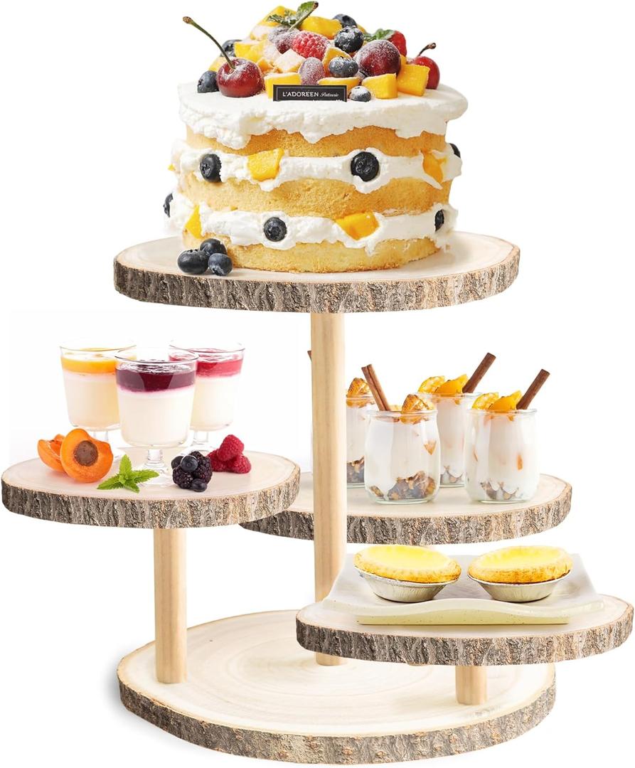 GENMOUS 4 Tiered Round Cake and Cupcake Stand Combo for Birthday Party Decor, Rustic Wooden Cupcake Tower Stands for 50 Cupcakes, Farmhouse Cupcake Tier Stand Display for Wedding Baby Shower Tea Party