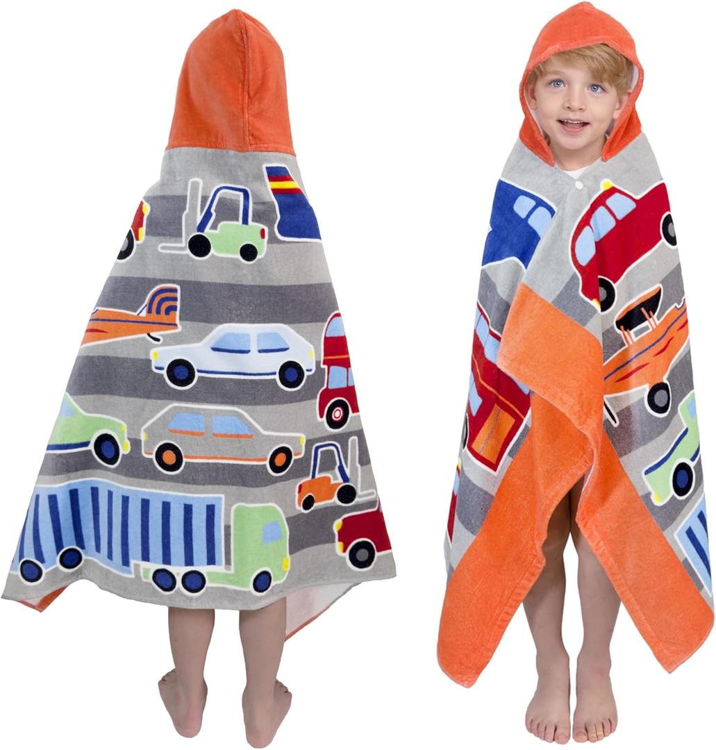 growell Kids Hooded Bath Towel-Soft Thick 100% Cotton Hooded Beach Towel for Kids 3-10 Years,Absorbent Fast-Drying Cute Toddler Bath & Swim,for Boys & Girls 30"x50"(Vehicle Grey)