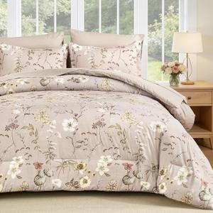 DJY King Size Comforter Set,Taupe Botanical Floral Bedding Comforter Sets King for All Seasons, 7 Pieces King Bed in a Bag Lightweight Microfiber Comforter Set with Sheets Pillowcases & Shams