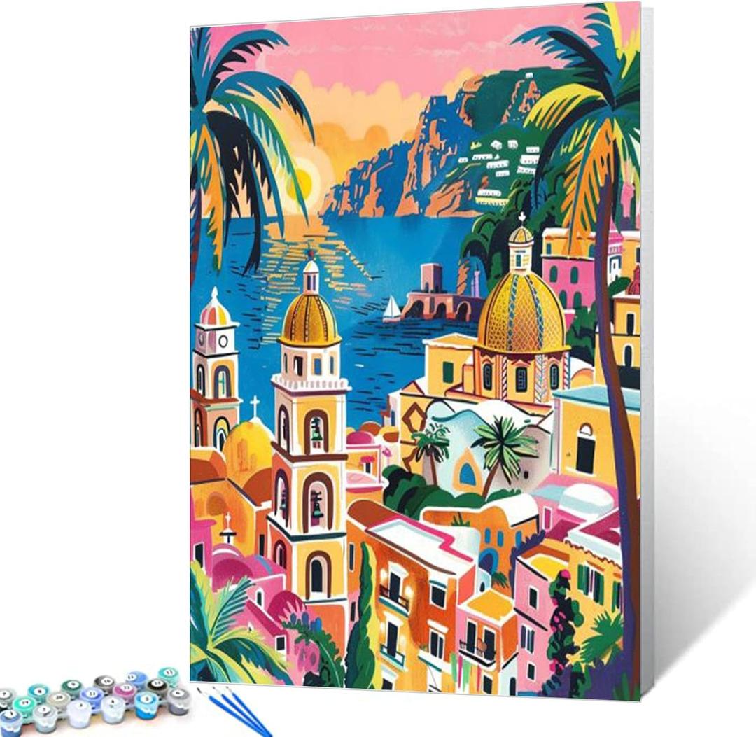 Seaside Island Town Scenery Paint by Number Kits 16 x 20 inch Canvas Greece Islands Sunset Landscape DIY Oil Painting for Students Adults Beginner with Brushes and Acrylic Pigment (without Frame)