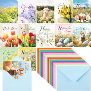 Eaasty 60 Sets Religious Easter Cards Bulk Christian Easter Cards with Envelopes and Stickers Christian Greeting Paper with Scripture of Blessings Inspirational Bulk Papers