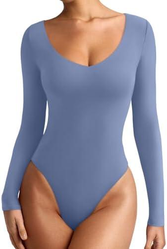 REORIA Women's V Neck Long Sleeve Bodysuits Comfy Double Lined Basic Tank Top Body Suits, Size Large 