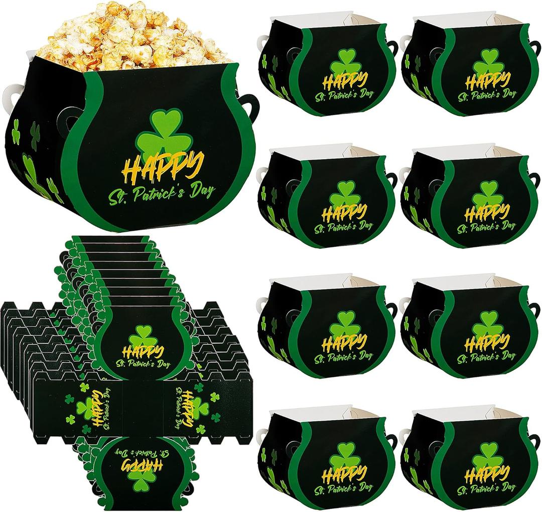 codree 18 Pcs St. Patrick's Day Pot Treat Boxes, St. Patrick's Shamrock Paper Candy Gift Box, Irish Shamrock Cauldron Party Favor Boxes with Handles for St. Patrick Irish Holiday Party Decoration (Green and black)