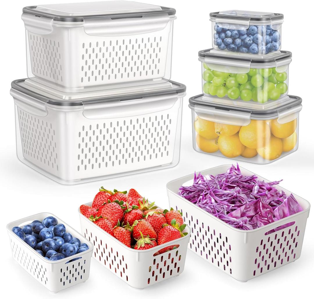 HOTEC 5-Pack Large Fruit Storage Container for Fridge Leak-Proof with Removable Colander, BPA Free Dishwasher & Microwave Safe, Largest 4.15L