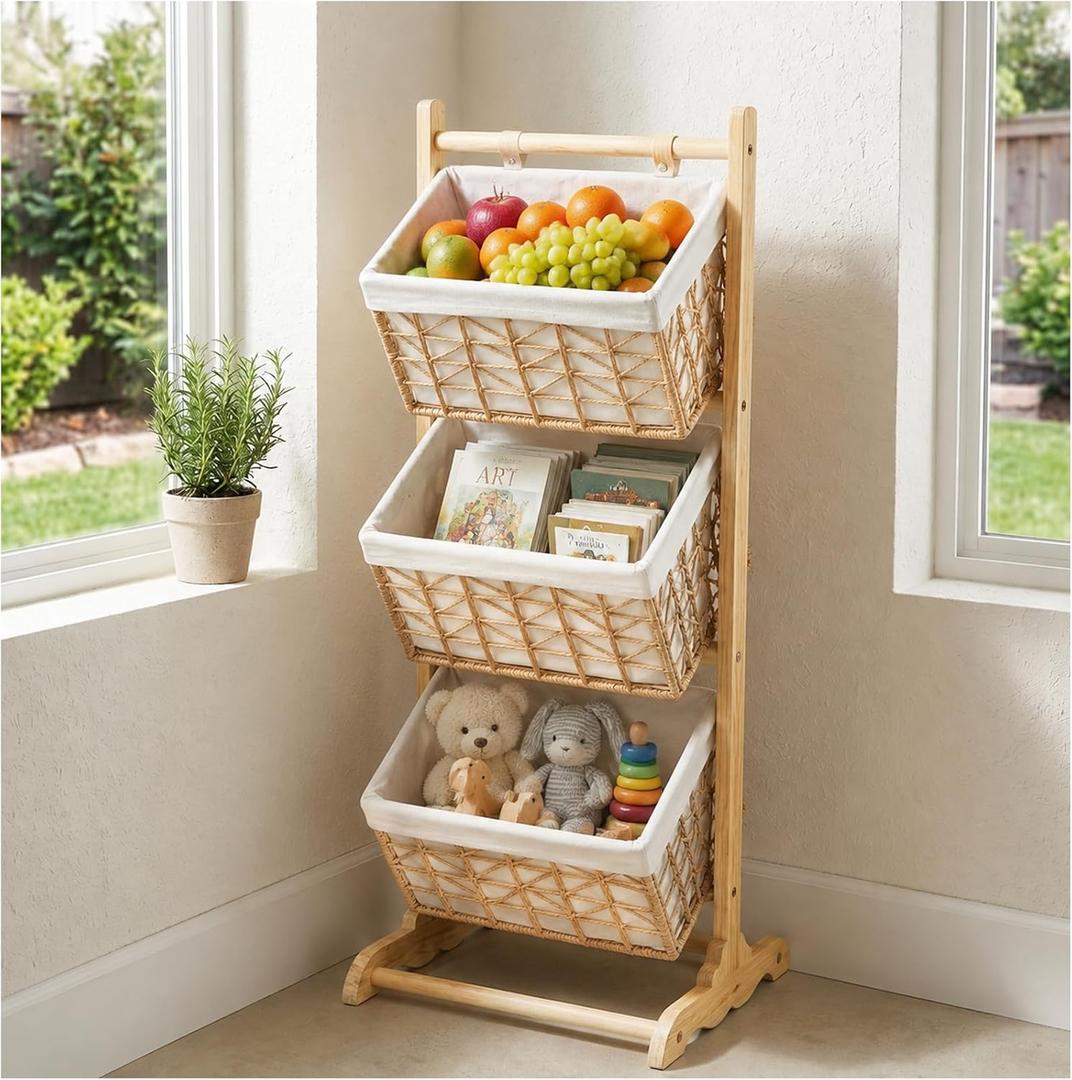 Three-Tier Floor-Standing Storage Rack, Hand-Woven Storage Basket, Vertical Storage Rack, Retail Display Rack Diaper Storage Suitable for Bathroom, Kitchen, Laundry Room, Living Room
