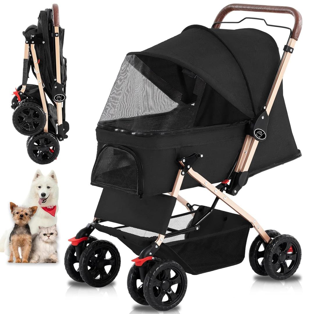 Pet Dog Stroller for Cats and Dog Four Wheels Carrier Strolling Cart with Weather Cover, with Storage Basket for Small Medium Dogs & Cats (Black)