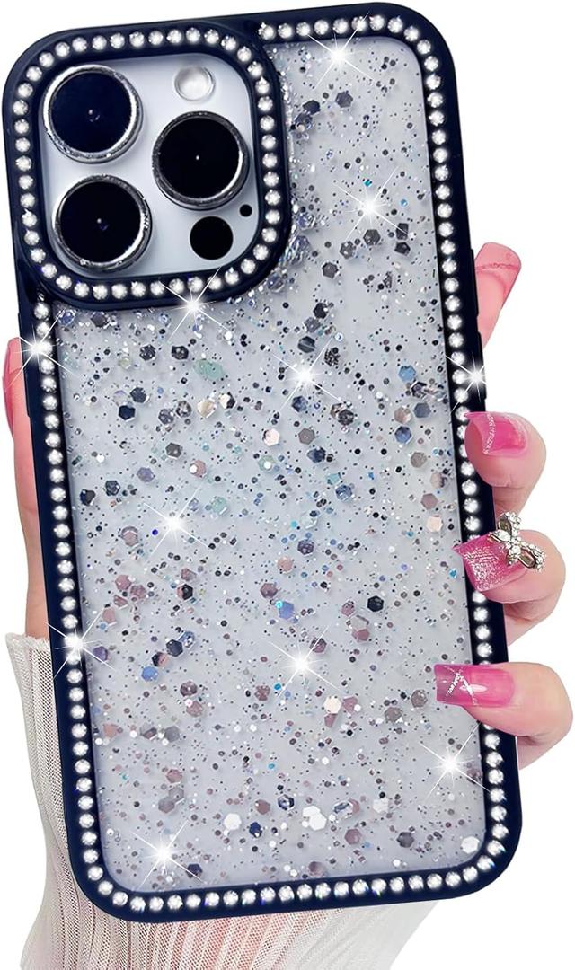 2 x for iPhone 13 Pro Case, Sparkly Crystal Diamonds Rhinestone Border with Shiny Glitter Sequins Phone Cover for Women Girls, Transparent TPU Bling Slim Protective Case for iPhone 13 Pro