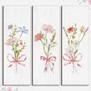 Novabright 3 Pcs Watercolor Wildflower Bow Boho Minimalist Wall Art Spring Floral Pink Bow Coquette Farmhouse Wooden Wall Decor Wildflower Flower Artwork Painting for Girly Room Dorm Home Decor