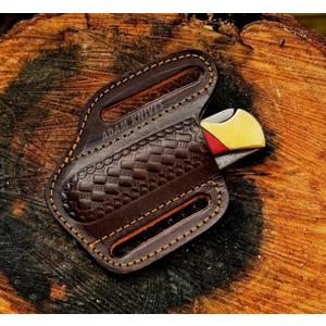Leather Pocket Knife Sheath For Belt, Slanted Sheath, Tooled Leather Sheath, Beautiful Folding/Trapper Knife Leather Cover 100% Real Leather (Dark Brown)