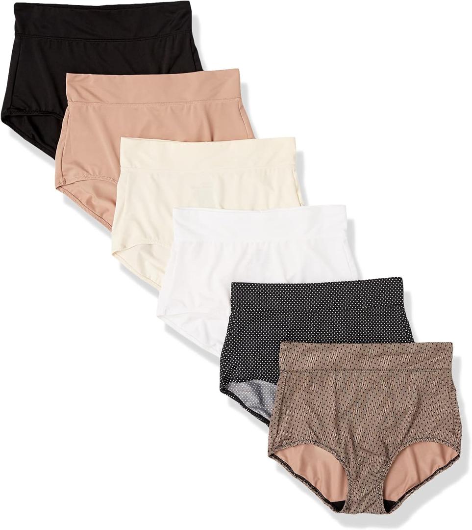 Warner's women's Blissful Benefits Dig-free Comfort Waistband Microfiber Brief 6-pack Rs9046w (X-Large, Toasted Almond/Black and White Pin Dot/Black/White/Pearled Ivory/Black Lace Dot)