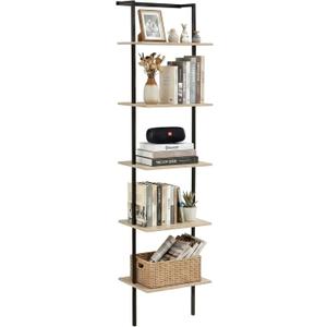 5-Tier Ladder Shelf, Wall Mounted Ladder Bookshelf with Metal Frame, Wood Tall Open Storage Rack and Display Shelves for Home Office Bedroom Living Room, Light Oak