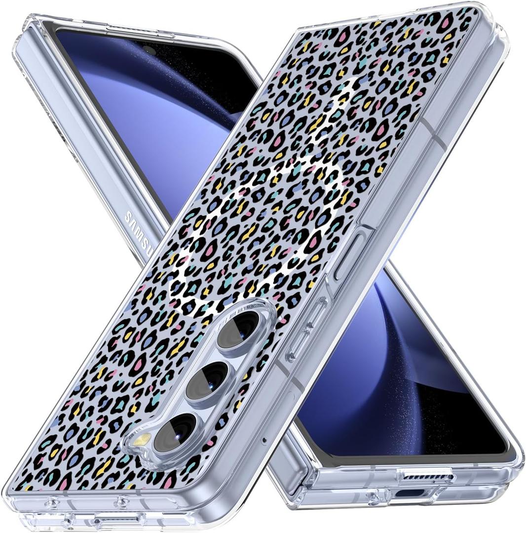 Magnetic for Galaxy Z Fold 5 Case, Clear Flowers Design Cover, Slim Anti-Yellow Hard PC Protective Soft TPU Bumper Shockproof Cute Case for Galaxy Z Fold 5, Leopard Pattern(10-112)