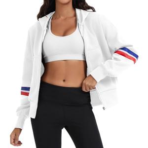 Womens Full Zip Up Long Sleeve Color Block Fleece Cropped Hoodies Winter Gym Running Outing Athletic Sweatshirts (White, M)