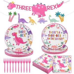 124 Pcs Three Rex Birthday Decorations Dinosaur 3rd Birthday Party Tableware Pastel Three Rex Party Supplies, Dino Disposable Paper Plate, Napkin, Banner, Serves 24(Girls Style)