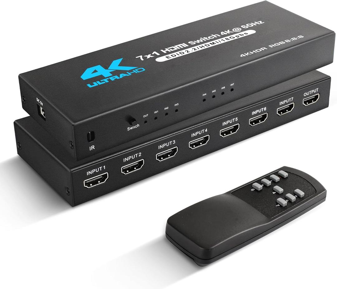 NEWCARE HDMI Switch 7 in 1 Out 4K@60Hz, 7x1 HDMI Switcher with IR Remote, 7 Port HDMI Selector Box Support HDMI2.0, Dolby Vision/Atmos, HDR10 for Xbox, Switch, PS5/4, Roku, Fire Stick
