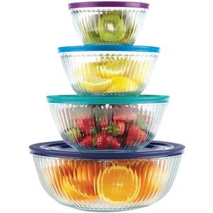 Pyrex 8 Piece Ribbed Bowl (4) Set Including Assorted Colored Locking Lids (Ribbed)