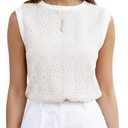 Women Eyelet Tank Tops Floral Casual Round Neck Sleeveless Summer Tops Trendy Basic Cute Plain Tanktops (Beige, S)