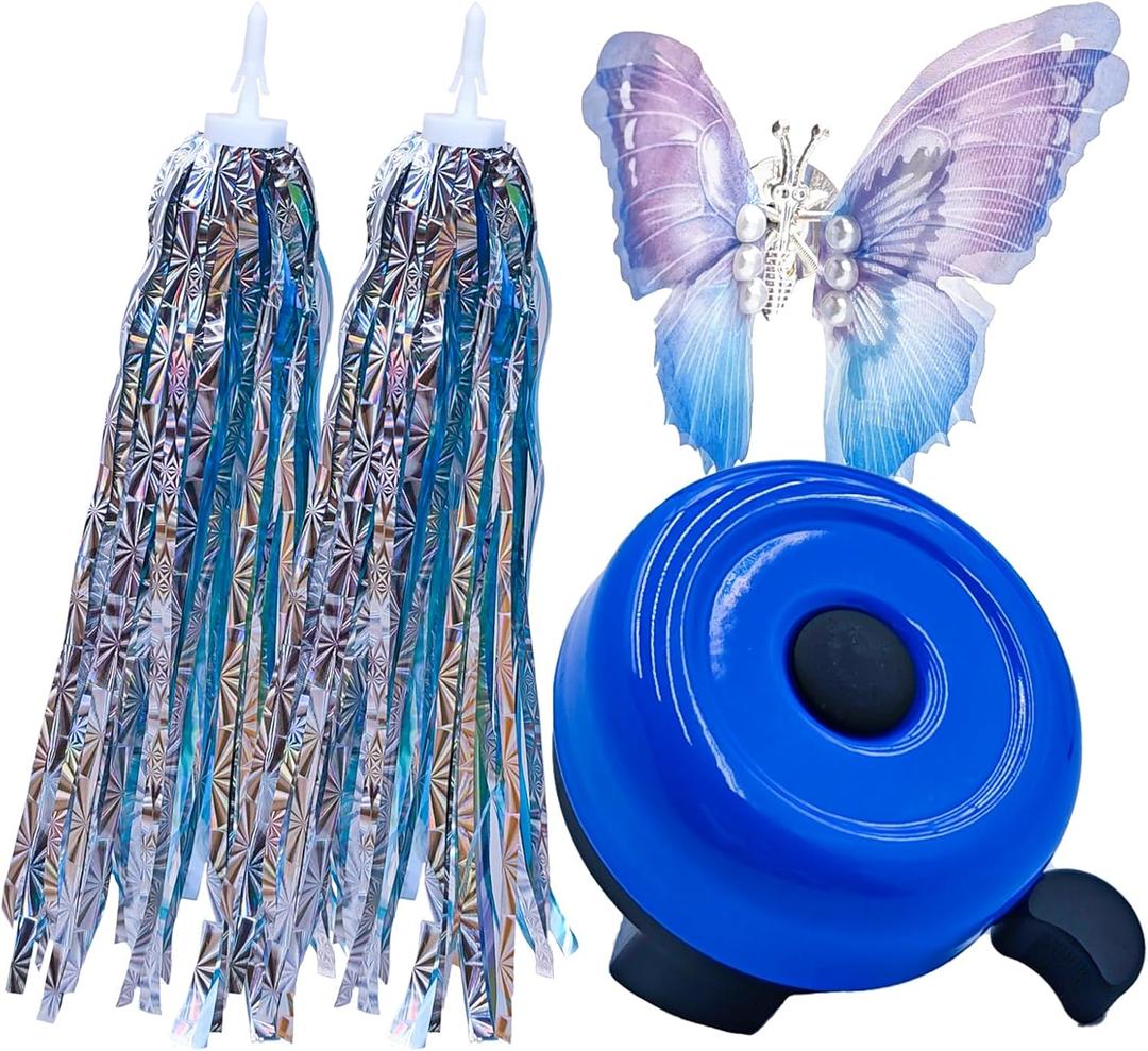 Children's Bicycle Bell - 1 Bicycle Bell with a Pearl Butterfly and 2 Handlebar Streamers for Scooter Tassels, Ideal for Kids' Bicycle Accessories. (Blue)