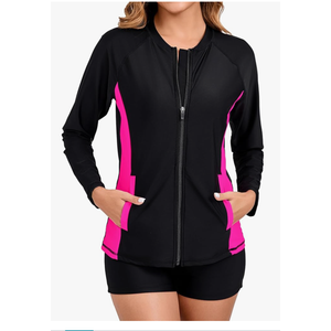 Women’s 3 Piece Long Sleeve Rash Guard with Built in Bra Zip Swim Shirt with Pocket and Shorts UPF50+ Swimsuit, Size M