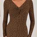 ZESICA Women's Fall Floral Long Sleeve Bodycon Dress 2026 Elegant V Neck Cocktail Party Long Midi Dresses (Brown)