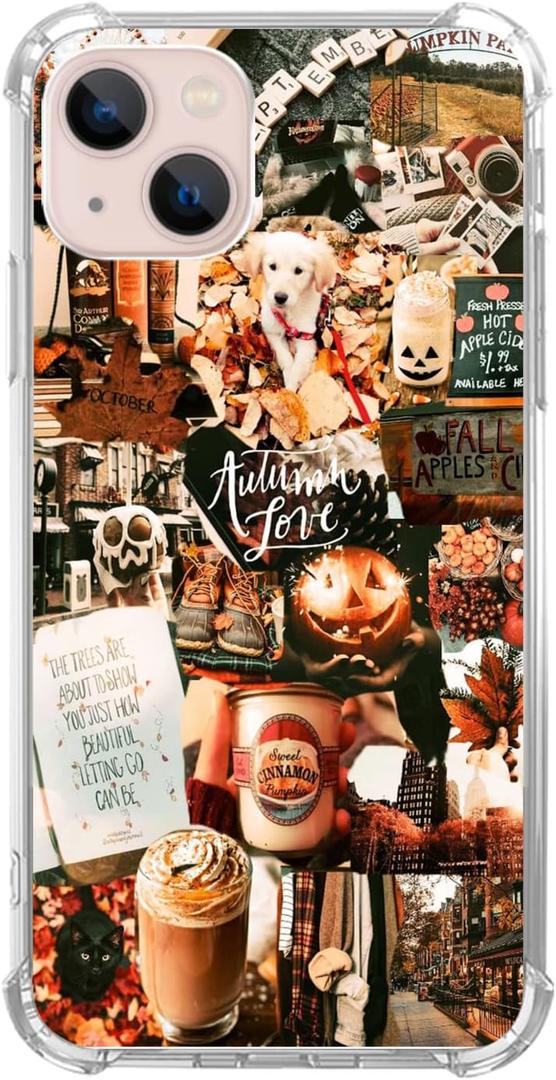Autumn Aesthetic Case Compatible with iPhone 13, Fall Leaves Halloween Pumpkin Collage Case for iPhone 13 for Teens Men and Women, Cool TPU Bumper Phone Case Cover