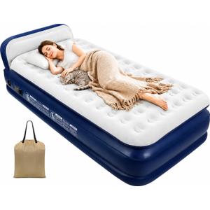 KMZ QueenAir Mattress with Headboard & Built-in Pump, 16” Raised Inflatable Mattress for Guests & Home, Portable Blow Up Bed with Fast Inflation, Comfortable Air Bed for Indoor Use