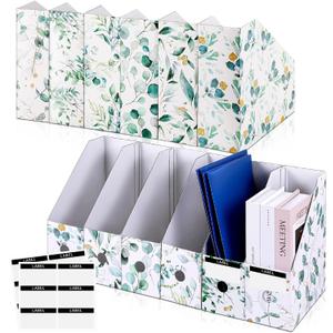 PerKoop 6 Pcs Magazine File Holder Foldable Decorative Cardboard File Folders 6 Patterns Floral Colored Magazine Rack with Printable Sticker Labels for School Office Home Desk (Eucalyptus Leaves)