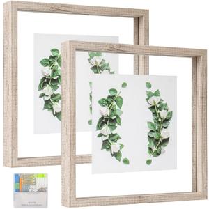 MUYE 10x10 Floating Frame Distressed Beige White Wood Pattern,Double Glass Square Picture Frame Display Any Size Photo up to 10x10,Wall Mount or Tabletop,2 Pack