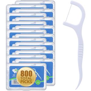 800 Count Dental Floss Picks  Built-in Toothpicks for Deep Cleaning, Comfortable Handle to Remove Plaque & Protect Gums  Family Pack with 50 Picks per Portable Case for Adults & Kids