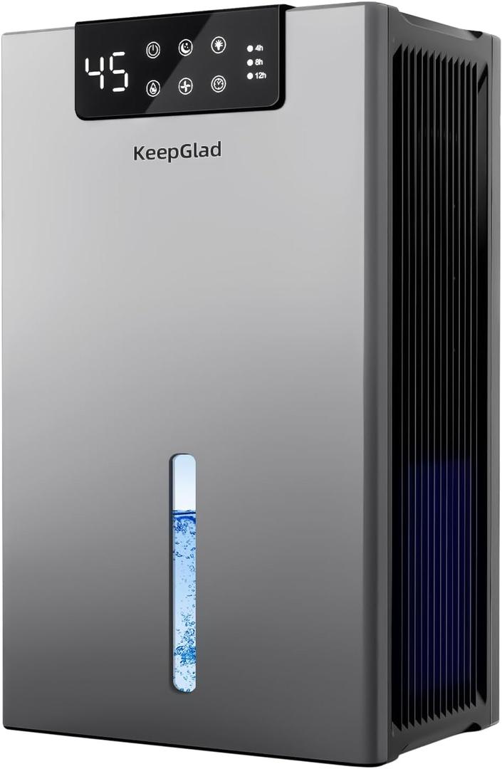 KeepGlad Dehumidifier, 98OZ Dehumidifiers for Home(1000sq.ft), Humidity Display Dehumidifier for Basement Bathroom Bedroom, Auto Shut Off, Washable Filter, Drain Hose, Timer, 7 Ambient Lights, Gray
