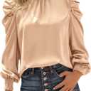 BTFBM Mock Neck Long Sleeve Blouses for Women Dressy Casual Business Work Shirts 2026 Summer Fall Clothes Satin Tops (Large, Apricot)
