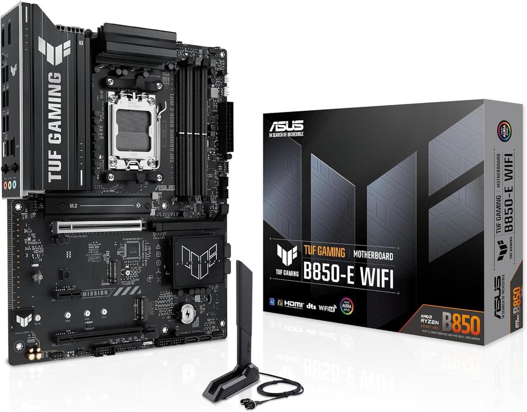 ASUS TUF GAMING B850-E WIFI AMD AM5 B850 ATX motherboard, DDR5, PCIe 5.0 Ready, M.2 slots x3, Wi-Fi 6E, 2.5Gb Ethernet, DisplayPort, HDMI,USB 20Gbps Type-C, USB 10Gbps Type-C, BIOS FlashBack, AuraSync