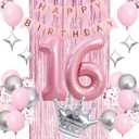 Sweet 16th Birthday Decorations Pink, Happy Birthday Decorations for Girls Pink Silver Balloons Number 16 Balloons,Fringe Curtain, Crown Balloon, Star Balloon for Her Girl 16th Birthday Princess Party