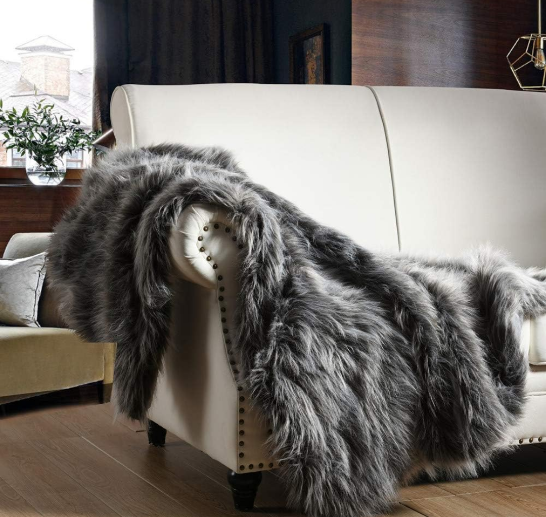Luxury Faux Fur Throw Blanket, Grey and Black High Pile Mixed Throw Blanket, Super Warm, Fuzzy, Elegant, Fluffy Decoration Blanket Scarf for Sofa, Couch and Bed, 60''x 80''
