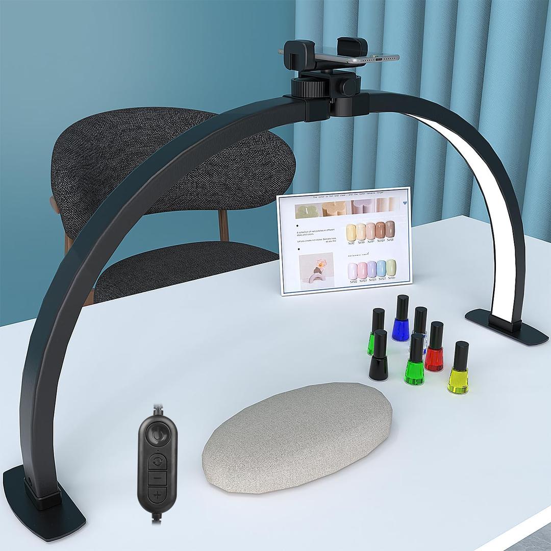 iVict Half Moon Light for Nail Desk, 29In 40W Nails Tech Light with Phone Stand, 10 Adjustable Brightness, 3 Color Temperature Led Desk lamp for Nail, Tattoos, Eyebrows, Beauty(Black)