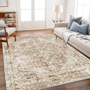 Area Rug 6'x9' Washable Vintage Traditional Floor Cover Thin Retro Kitchen Indoor Distressed Non Slip Carpet for Living Room Bedroom Dining Room (Rust-colored Vintage Flowers)