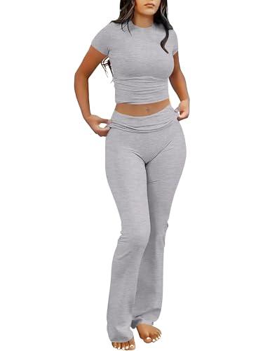 ANRABESS Lounge Sets for Women 2 Piece Foldover Yoga Flare Leggings Pants Crop Tops Casual Y2K Outfits Matching Tracksuit Set (Grey, X-Small)