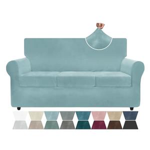 ZNSAYOTX Luxury Velvet Couch Cover 4 Piece (72"-92") Stretch Sofa Covers for 3 Cushion Couch Thick Soft Sofa Slipcover with Non Slip Strap, Dog Pet Friendly Nice Furniture Protector (Stone Blue)