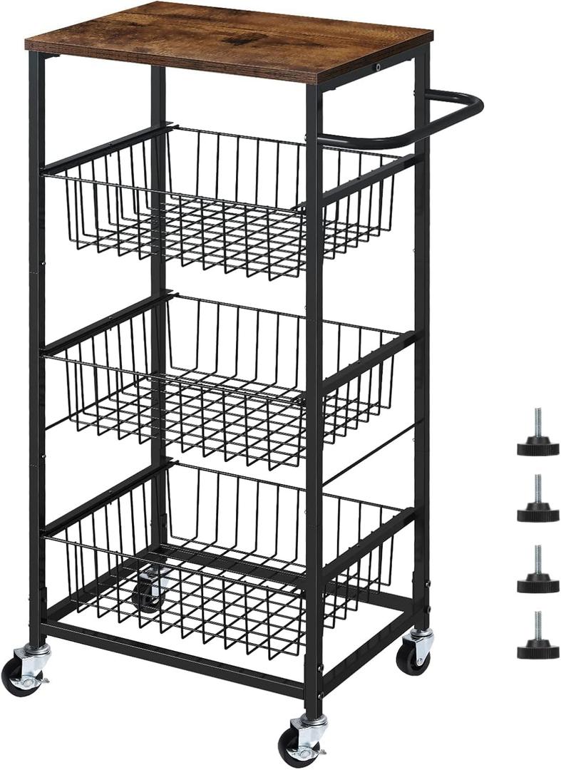 4 Tier Kitchen Storage Cart, Snack Rack Cart with Pull-Out Fruit Baskets, Mobile Pantry Cart with Wheels, Kitchen, Bathroom, Brown