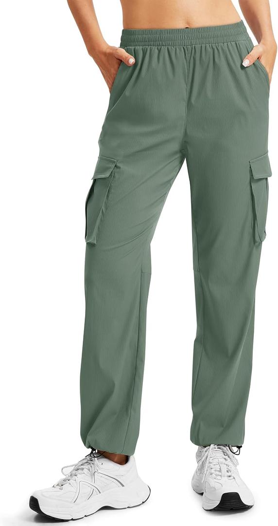 MAGCOMSEN Women's Cargo Pants Quick Dry Lightweight Hiking Travel Pants Water Resistant Safari Joggers with Pockets (Green, L)