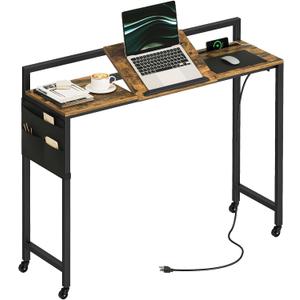 YATINEY Recliner Table, Overbed Table with Charging Station and Wheels, Over The Bed Desk with Adjustable Stand and Storage, Chair Table for Sofa, Dormitory, Rustic Brown and Black SF03UBR, 43.3'' 12.6'' 35.4''