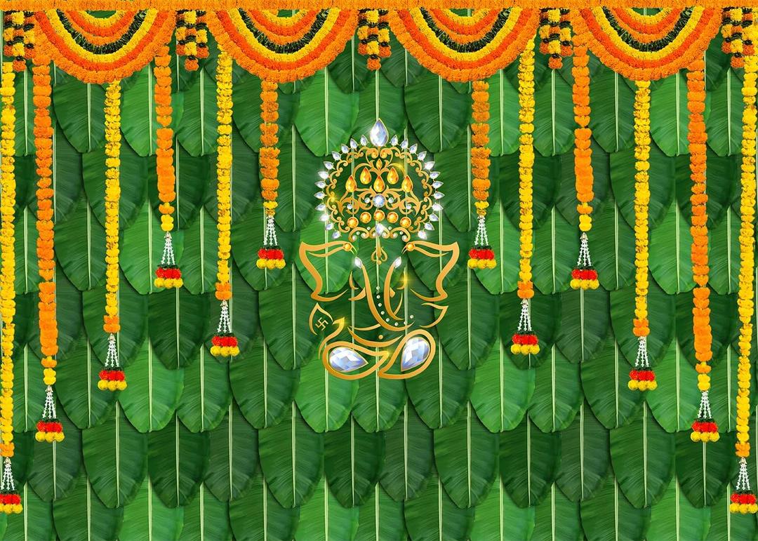 7x5 FT Pooja Backdrop Indian Ganpati Puja Traditional Chatiya Ganesh Mehndi Background Indian Decorations for Pooja Festival Wedding Party Marigold Garlands Photo Booth Props Banner