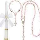 WILLBOND 3 Pcs First Communion Rosary and Candle Set Confirmation Candle Gifts Set Baptism Catholic Bracelets Cross Necklace Holy Communion Accessories for Christening Gift Keepsake(Pink Rosary)