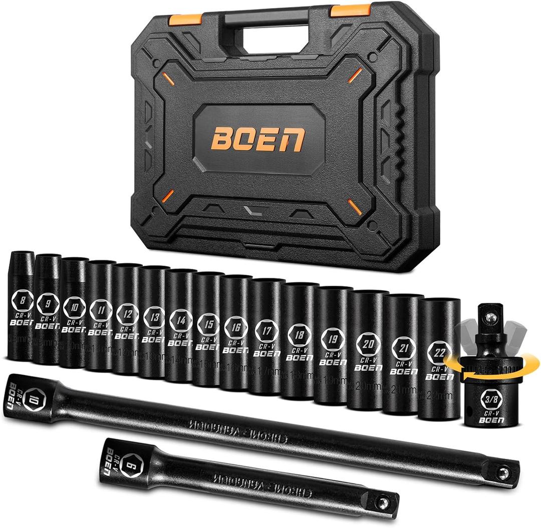 BOEN 3/8" Drive Deep Impact Socket Set, 18 Piece Metric Socket Set 8mm to 22mm, Includes 6", 10" Extension Bars, Universal Joint, 6 Point Design, Cr-V Steel, Heavy Duty Storage Case