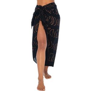 Back From Bali Women's Print Sarong Coverup Swimsuit Pareo with Boho Fringe & Coconut Clip - Wrap Skirt or Beach Shawl (Black) ONE - SIZE